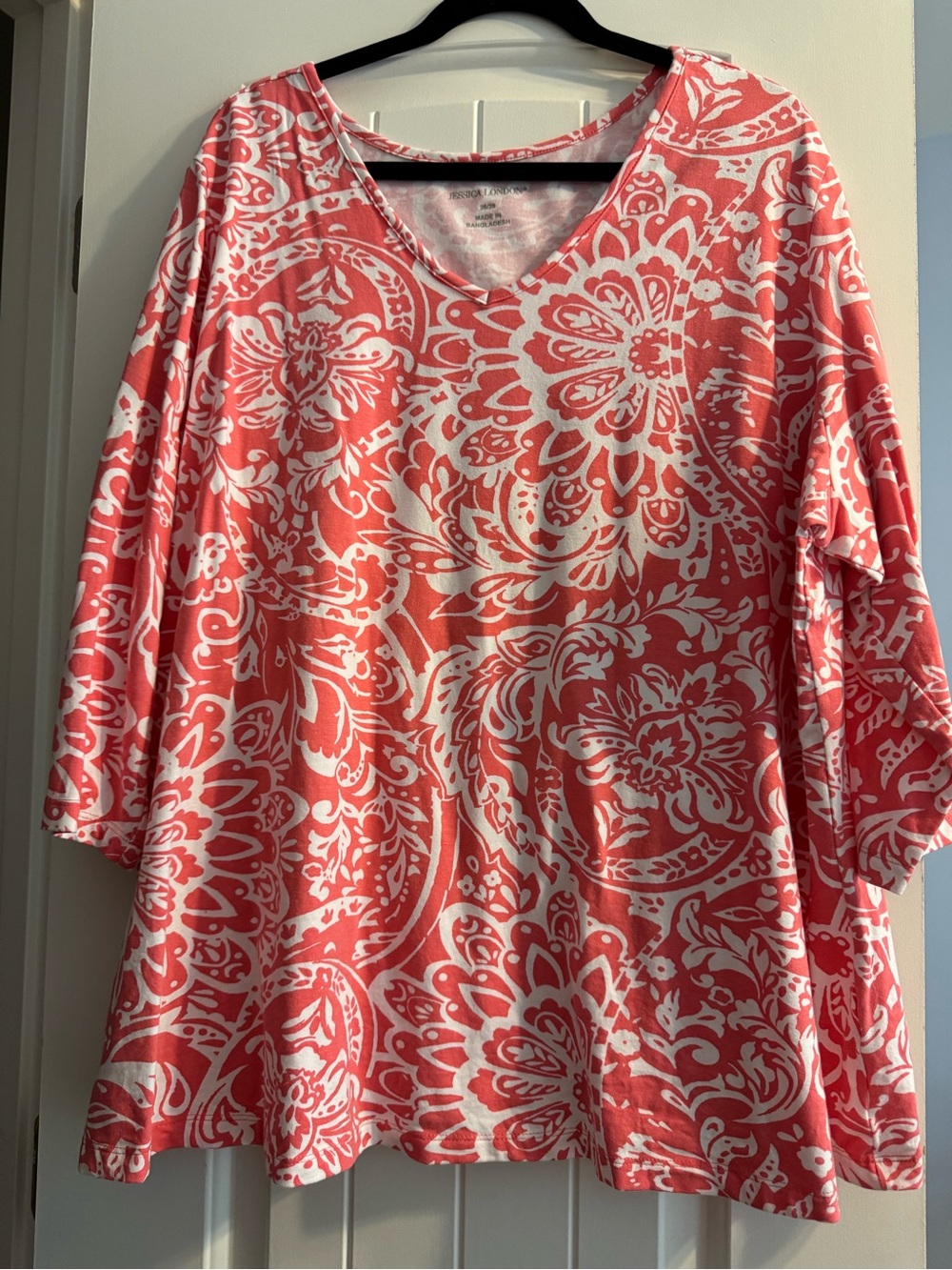 Jessica London Coral and White Floral V-Neck Tunic